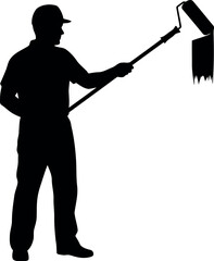 Professional painter with roller applying paint, worker silhouette.