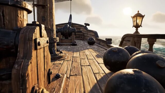 Cinematic view of a pirate ship deck with cannonballs in motion at sunset