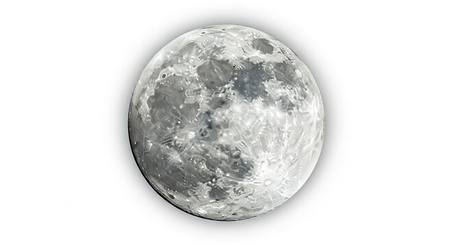 Detailed full moon with visible craters and textures isolated on a white background in space view