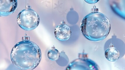 Rotating transparent glass Christmas baubles with white snowflake patterns. Concept of winter wonderland, frozen ice crystal decoration and holiday elegance, 4K video animation. - Powered by Adobe