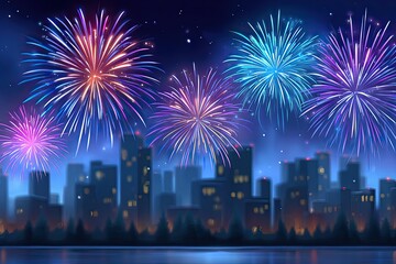 A city skyline with fireworks in the background. The fireworks are in different colors and are lit up in the night sky. Scene is festive and celebratory