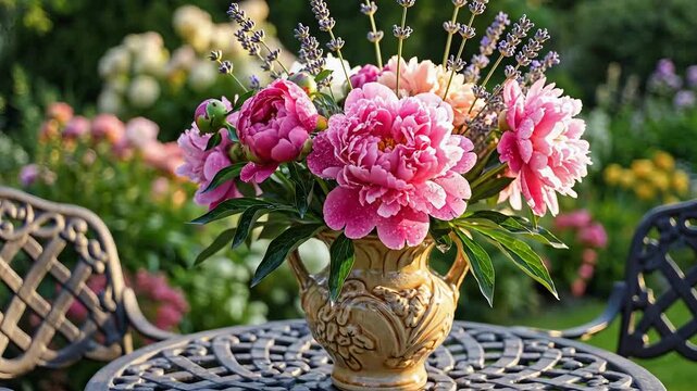Beautiful Peony and Lavender Bouquet on a Garden Table in Summer.
