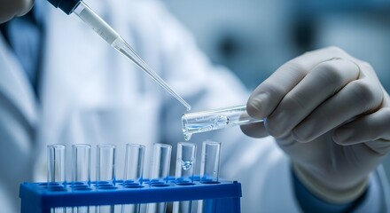 Scientist adding liquid to test tubes in laboratory
