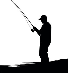Obraz premium Fisherman silhouette standing by water edge holding fishing rod