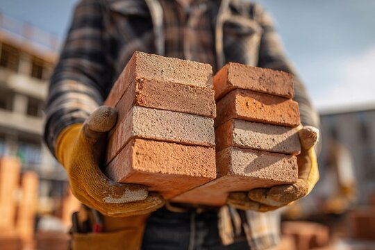 Construction worker carries bricks for building project at a construction site in sunny weather