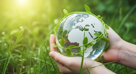 Hands holding glass globe with vine in green grass