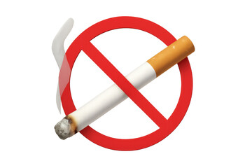 Smoking cigarette inside a red forbidden sign, symbolizing no smoking, health warnings, and addiction prevention. Transparent background