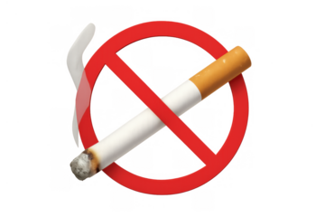 Smoking cigarette inside a red forbidden sign, symbolizing no smoking, health warnings, and addiction prevention. Transparent background