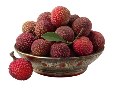 PNG of A beautiful bowl filled with fresh, ripe lychees showcasing their vibrant red skin and unique texture.