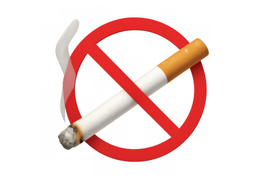 Smoking cigarette inside a red forbidden sign, symbolizing no smoking, health warnings, and addiction prevention. Transparent background