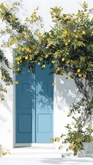 Obraz premium Traditional Greek Island Architecture featuring a Vibrant Blue Door set in a White Washed Wall with Green Climbing Plants and Shadows