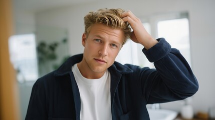 A man styling his hair with matte pomade in a contemporary loft bathroom, checking shape and volume in a fog-free mirror — grooming products, men’s hair styling, and urban lifestyle imagery.