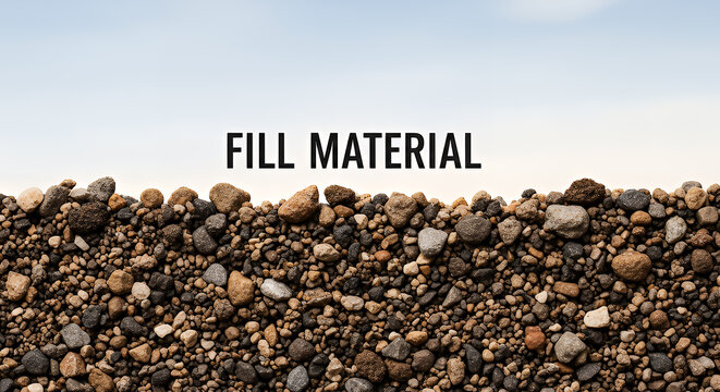 Close up perspective of a large pile of rough textured gravel and small rocks used as fill material against a bright sky - Powered by Adobe