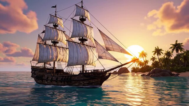 Majestic three-masted sailing ship glides on ocean waves at sunset, tropical island in background