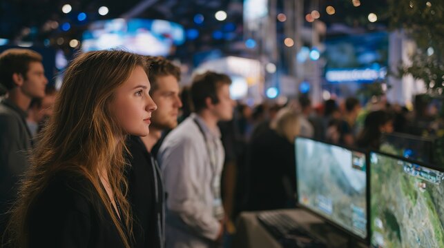 A gaming expo zone buzzing with neon rigs, VR headsets, and esports competitions projected on massive screens as crowds cheer &mdash; immersive gaming experience, virtual reality showcase, and digital