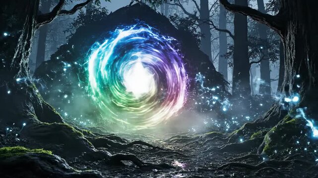 Mystical Ethereal Portal Pulsating with Vibrant Energy in Enchanted Forest