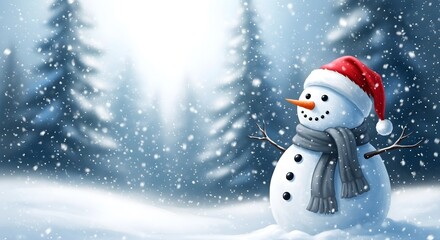 Whimsical snowman in a winter forest wonderland