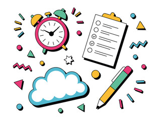 An illustrated scene depicting an alarm clock, a to-do list, and a pen, suggesting organization and productivity.