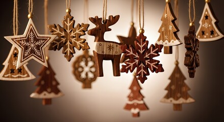 Hanging wooden christmas ornaments including stars snowflakes trees and a reindeer