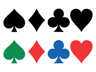 Playing card suits are presented in black, red, green, and blue colors.