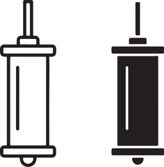 Outline and filled icons of a syringe or injector on a white background Keywords: syringe, injector, medical, healthcare, medicine, injection, needle, drug, vaccine, on transparent background