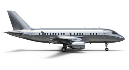 Side view of a silver passenger airplane with landing gear extended on a white background surface