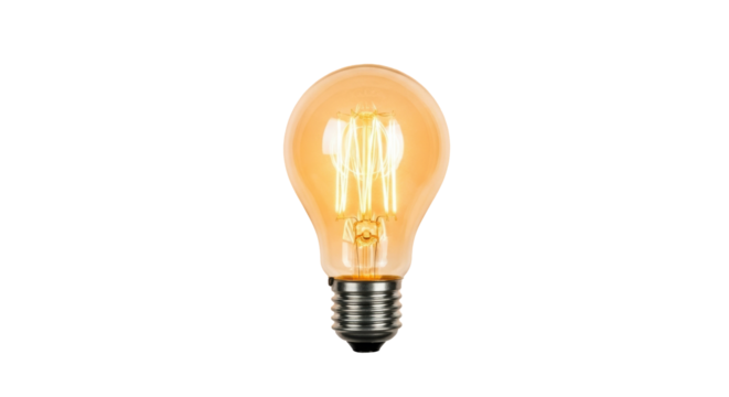 Classic Edison-style incandescent light bulb with glowing tungsten filament emitting warm yellow-orange light on a transparent seamless studio background with copy space, subtle ethereal glow, concept