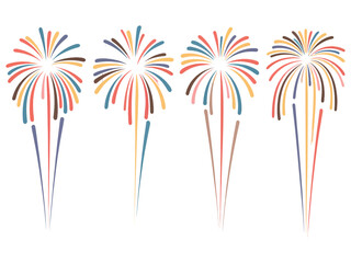 Four stylized fireworks explode against a white background.