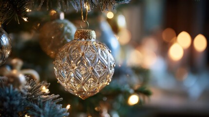 Fototapeta premium A Christmas tree with a gold and silver ornament hanging from it. The ornament is a large, clear ball with a gold design. The tree is lit up with lights, creating a warm and festive atmosphere