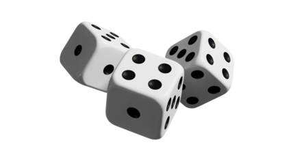 Three white dice tumbling offering chance risk game gambling luck or casino nights