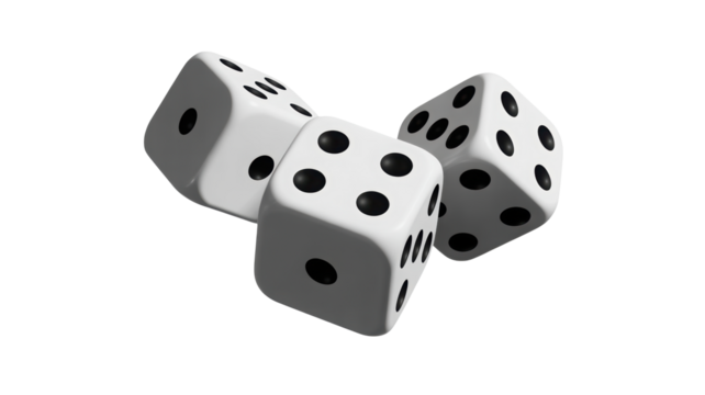 Three white dice tumbling offering chance risk game gambling luck or casino nights