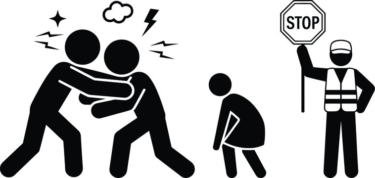 Conflict, dispute, argument, violence, intervention, stop sign