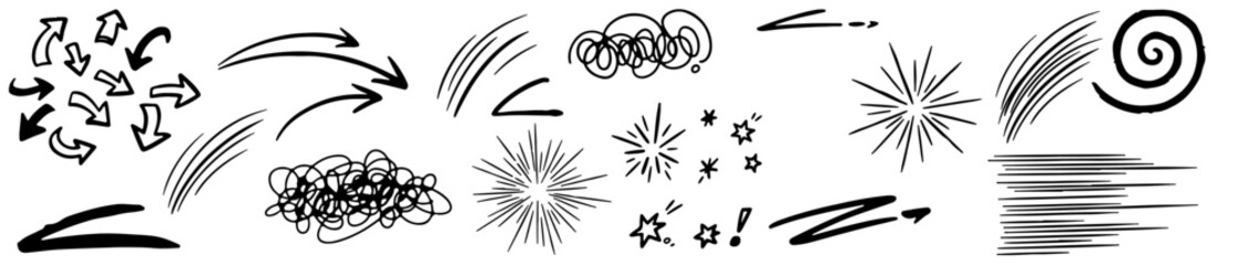 Obraz premium A comic-style icon set with motion lines, bursts, arrows, and expressive symbols for dynamic storytelling.