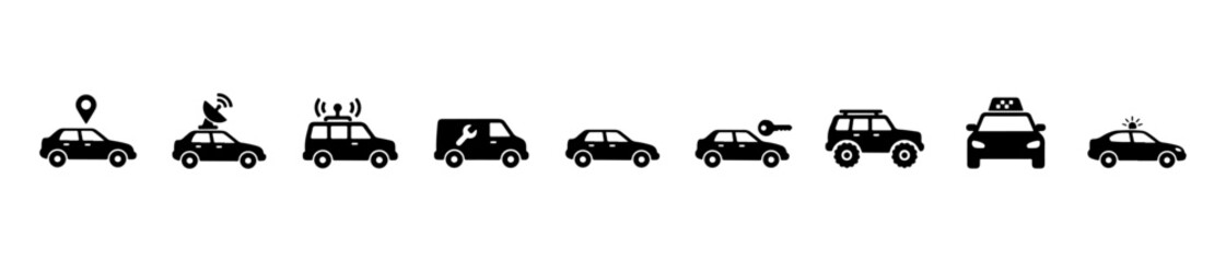 Fototapeta premium A vehicle icon set with silhouettes of taxis, sedans, and sports cars for transport-related visuals.