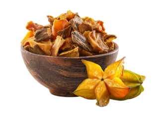 PNG of A wooden bowl filled with vibrant dried fruits, accompanied by fresh starfruit slices, showcasing natural textures and colors.