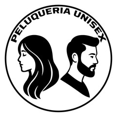 Modern unisex hair salon logo featuring elegant male and female face silhouettes inside a circular frame. Clean and minimalist vector design ideal for barbershops, beauty salons, and hairstylists.