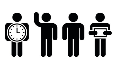 A diverse group of stick figures are depicted with various objects representing time, communication, and knowledge.