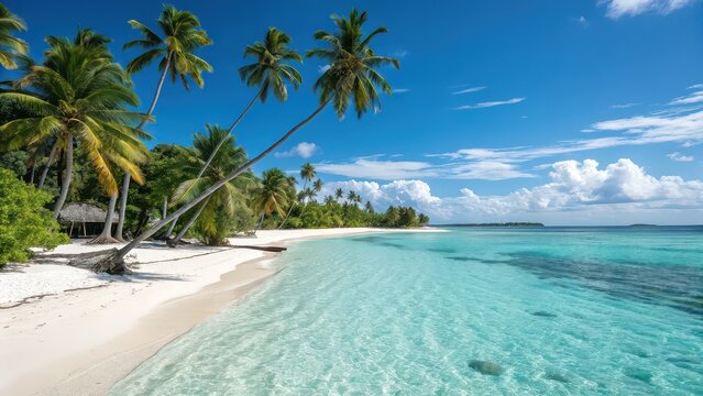 Escape to paradise with this stunning tropical beach scene, featuring crystal-clear turquoise waters and swaying palm trees under a bright blue sky perfect for vacation