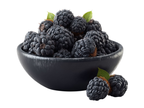 PNG of A bowl filled with fresh blackberries, showcasing their rich color and texture against a sleek backdrop.