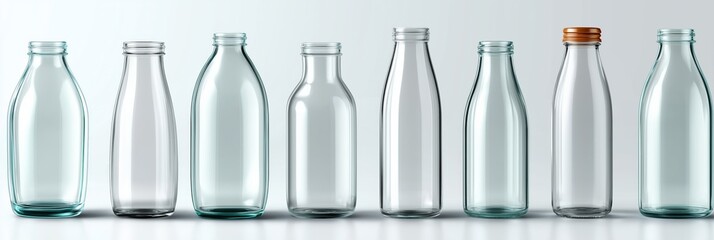 Variety of empty glass bottles with unique shapes and cap designs