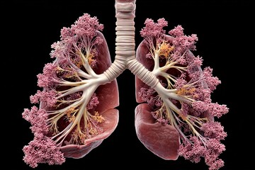 Detailed view of human lungs showing bronchial tree and alveoli in vivid colors highlighting respiratory structure and function
