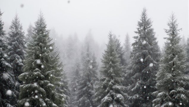 Winter scene of snow-covered evergreen trees, with falling flakes and a hazy background