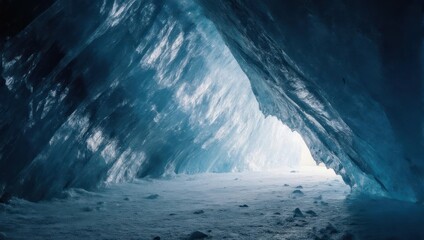 A translucent, icy cave entrance glows with diffused light, revealing a snowy interior