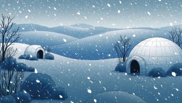 Snowy scene of igloos nestled in a winter landscape with falling snow