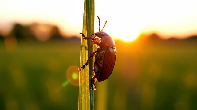A vibrant beetle clings to a grass blade as the sun sets in the background, casting warm hues across the scene. The beetle illustrates the beauty of nature in this tranquil moment.