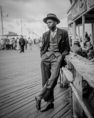Distressed and grainy B&W portrait of a young African American man in Coney Island in the 1930's.