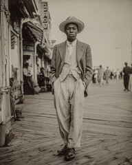 Distressed and grainy B&W portrait of a young African American man in Coney Island in the 1930's.