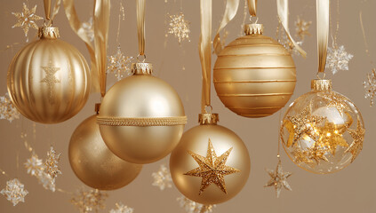 golden christmas balls with ribbon
