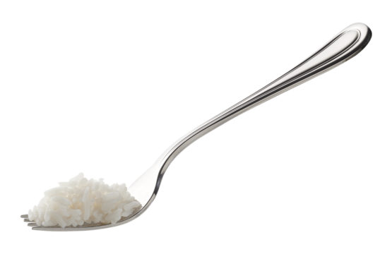 Garfo com uma porção de arroz, isolado em branco