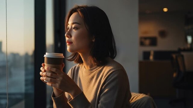 一日の終わりに窓の外を眺めながらコーヒーを飲む女性